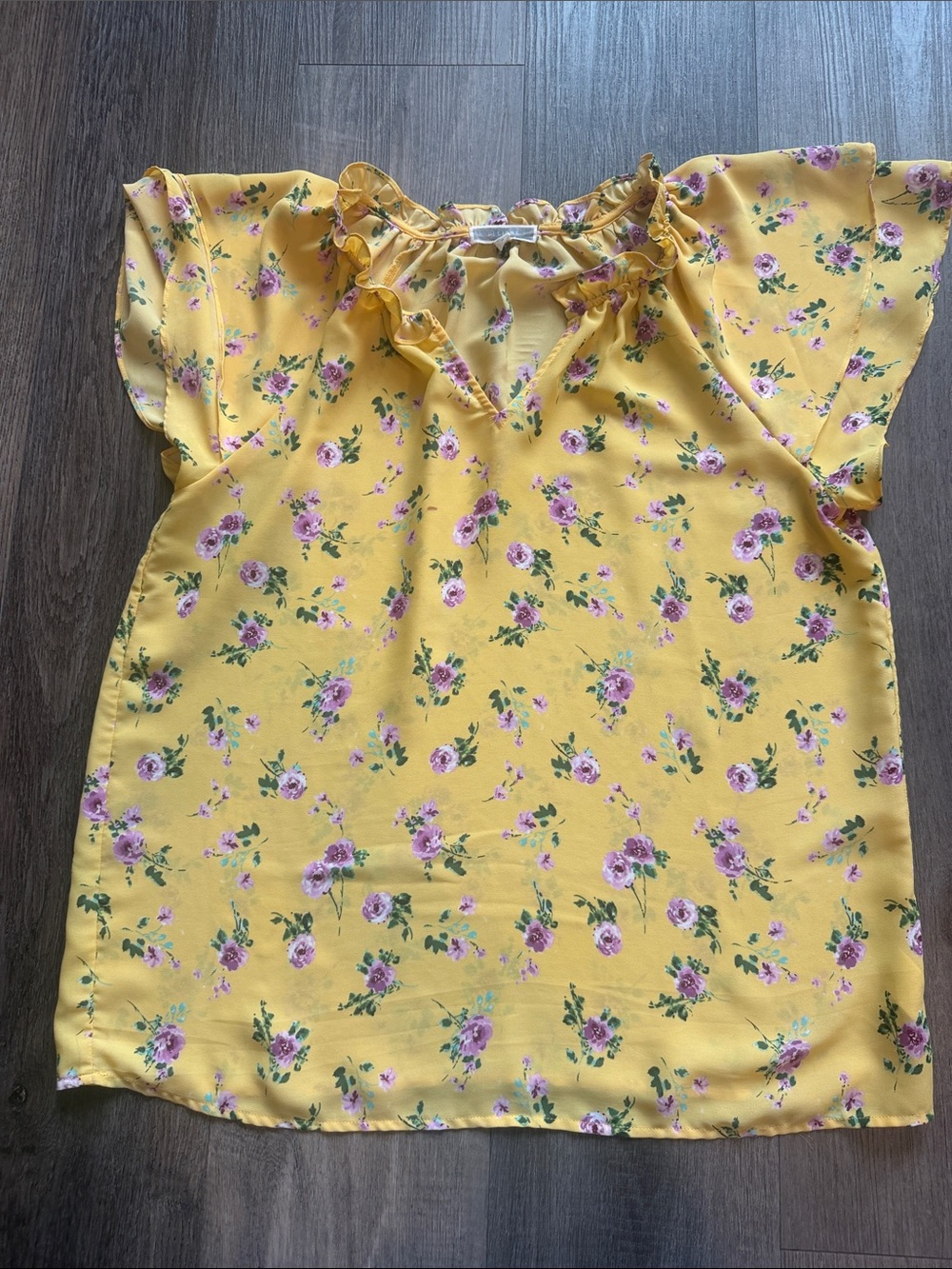 Pleione Yellow Floral Ruffle Neck Top